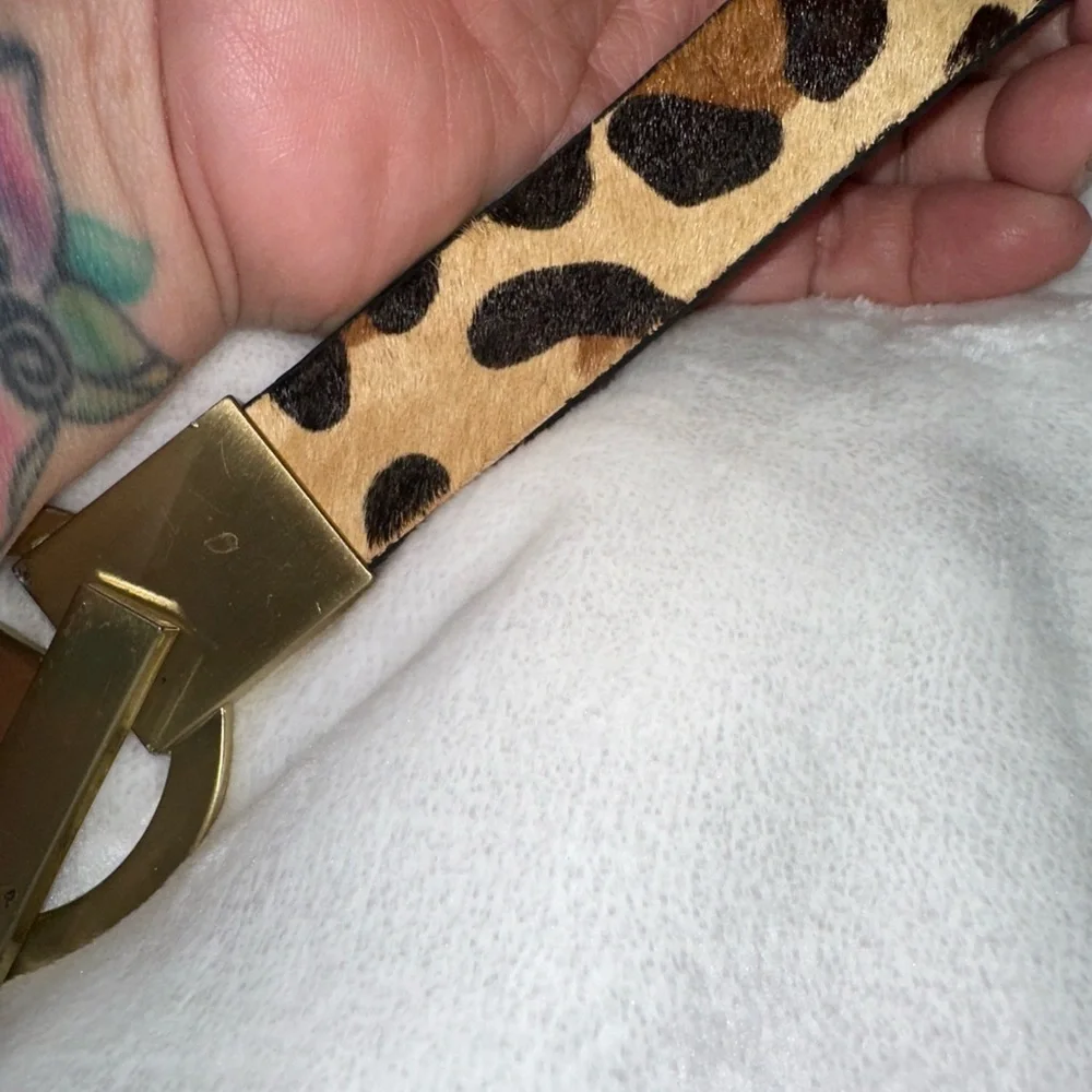 Cheetah print slim leather belt w/ toggle clasp pony hair and gold hardw…